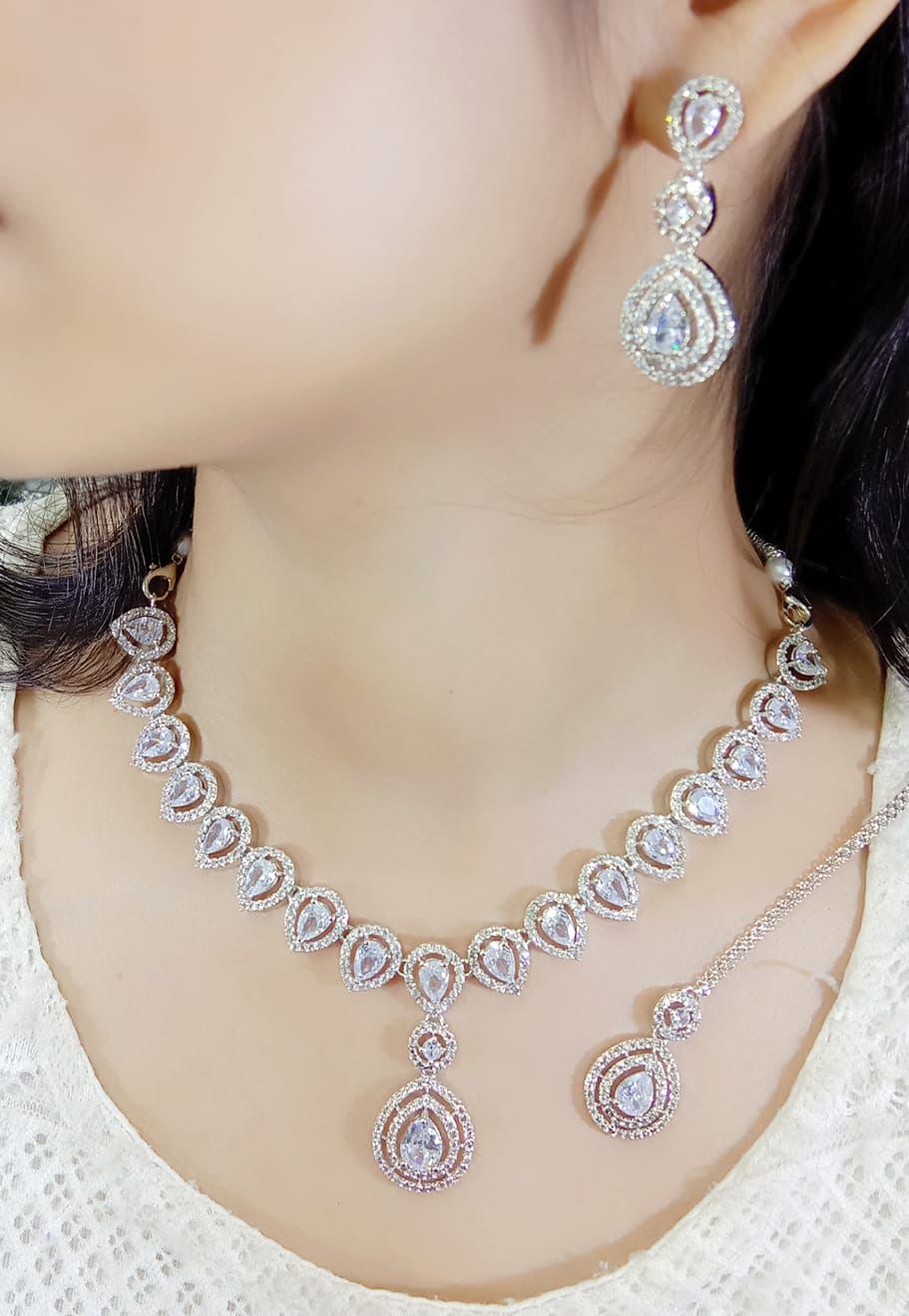 Beautiful Premium Quality American Diamond Neckline with Earrings and Mang Tikka - Image 2
