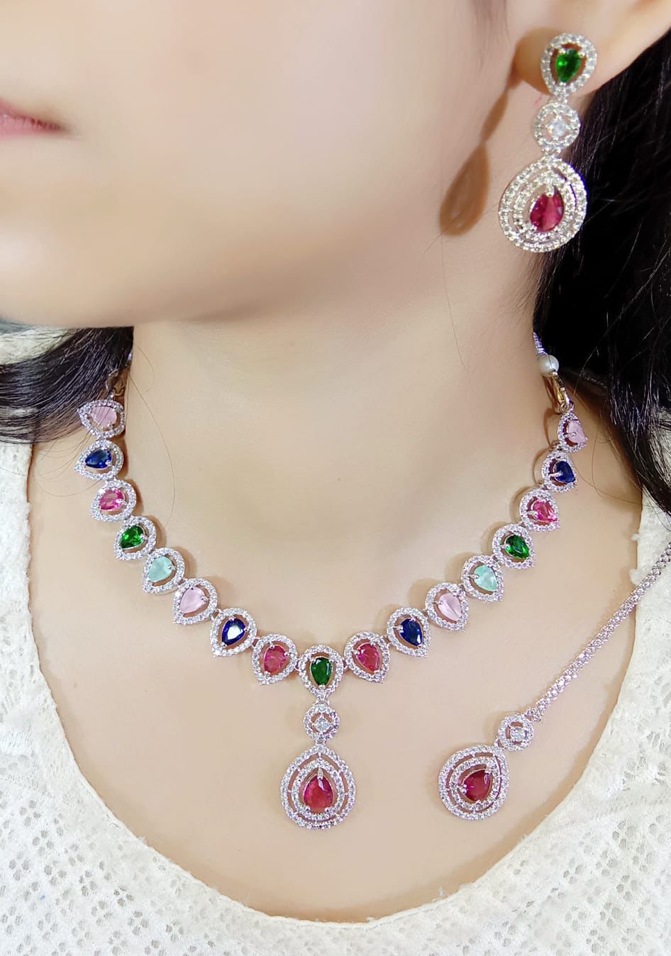 Beautiful Premium Quality American Diamond Neckline with Earrings and Mang Tikka - Image 3