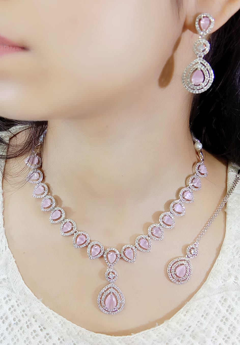 Beautiful Premium Quality American Diamond Neckline with Earrings and Mang Tikka - Image 5