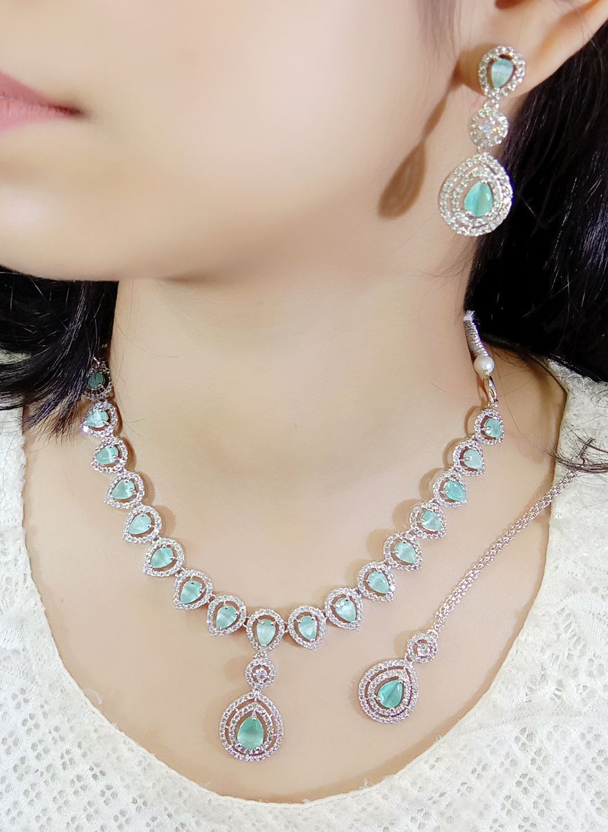 Beautiful Premium Quality American Diamond Neckline with Earrings and Mang Tikka - Image 6