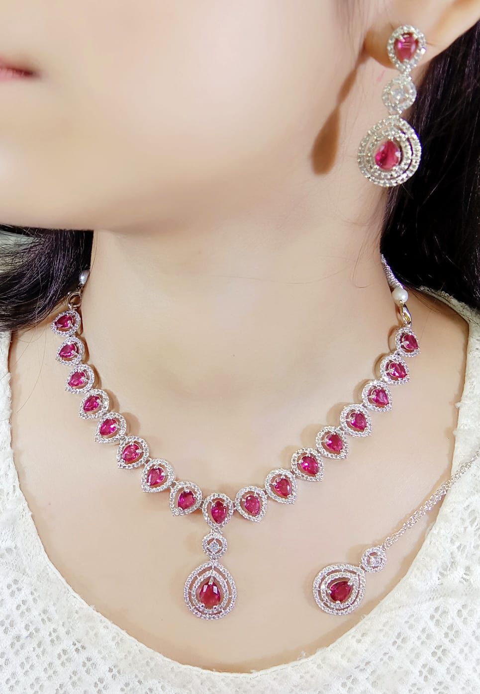 Beautiful Premium Quality American Diamond Neckline with Earrings and Mang Tikka